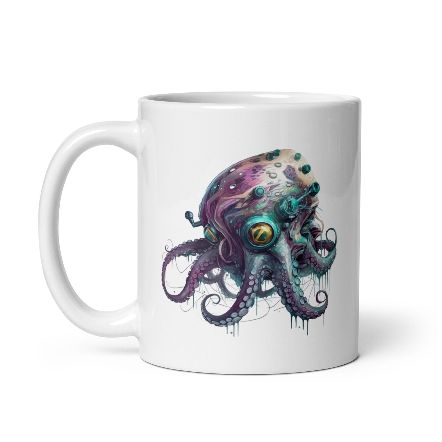 Cyber octopus, Fantasy art portrait of octopus, Octopus illustration, Fantastic animals and cyberpunk - White glossy mug