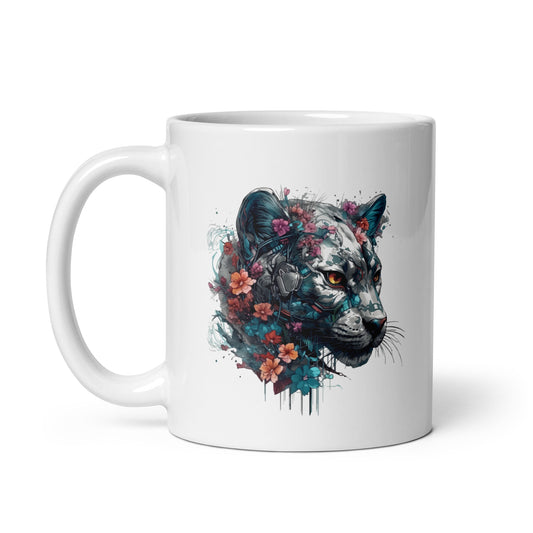 Animals and cyberpunk, Puma illustration, Cyber big cats, Fantasy portrait of puma, Fantastic animals - White glossy mug
