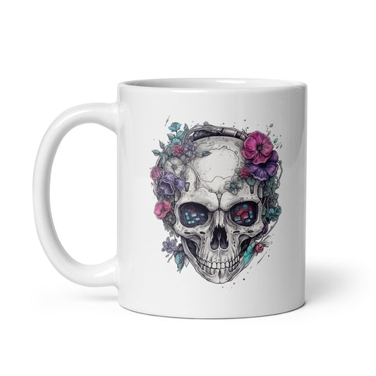 Hi-tech and cyberpunk design, Skull and flowers illustration, Fantastic skull head bones - White glossy mug