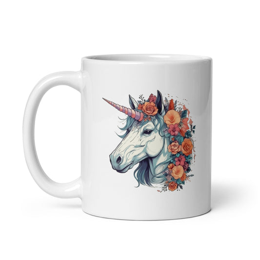 Fantastic portrait of unicorn, Fabulous animals, Fantasy animals and flowers, Unicorn in flowers illustration - White glossy mug