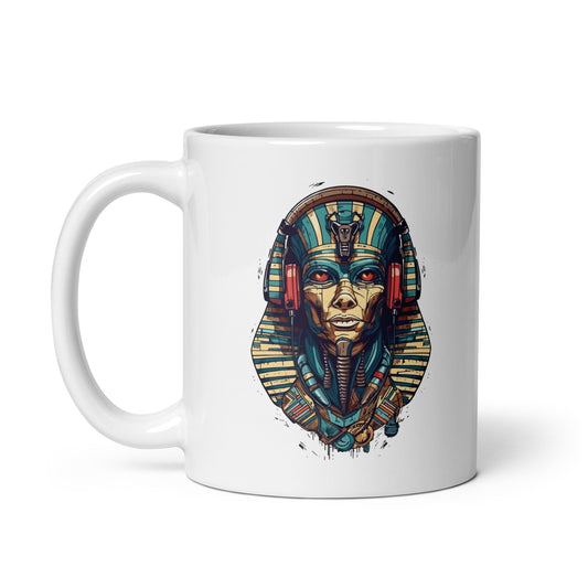 Egyptian pharaoh in headphones, Portrait fantasy pharaoh, Fantastic Sphinx Illustration - White glossy mug