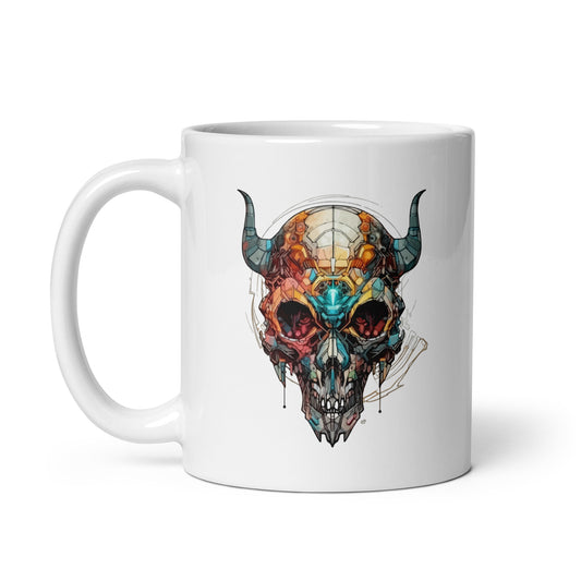 Fantastic illustration crystal skull, Horror head bones with horns, Portrait fantasy monster, Mutant skull - White glossy mug