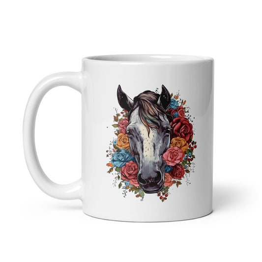 Horse illustration with roses, Animals and flowers composition, Horse in flowers - White glossy mug