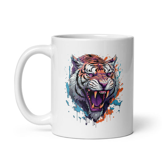 Tiger roar, Tiger colorful illustration, Big cat, Evil predator, Predatory beasts - White glossy mug