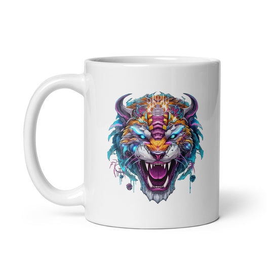 Fangs and blue-eyed beast, Big cat, Tiger roar, Fantasy animals, Tiger illustration, Angry predator, Beasts of prey - White glossy mug