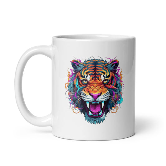 Angry predator, Tiger roar, Big cat fangs, Fantasy animals, Tiger illustration, Predatory beasts - White glossy mug
