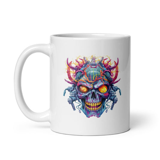 Hellish skull, Neon electric colors, Electronic mind zombie, Yellow eyes, Cyberpunk illustration - White glossy mug