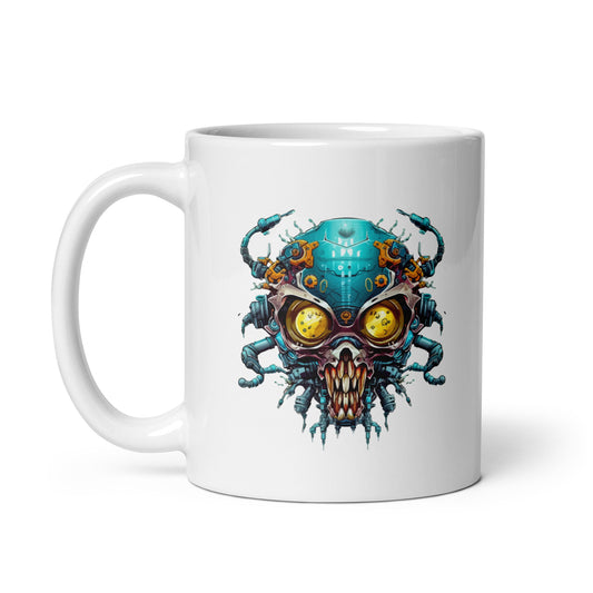Cyber monster, Yellow eyes, Detailed cyberpunk illustration, Neon electric colors, Electronic mind zombie - White glossy mug