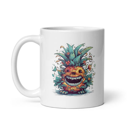 Pineapple monster smile, Fantasy funny monster, Fruits fantastic illustration, Cartoon horror, Mutant portrait - White glossy mug