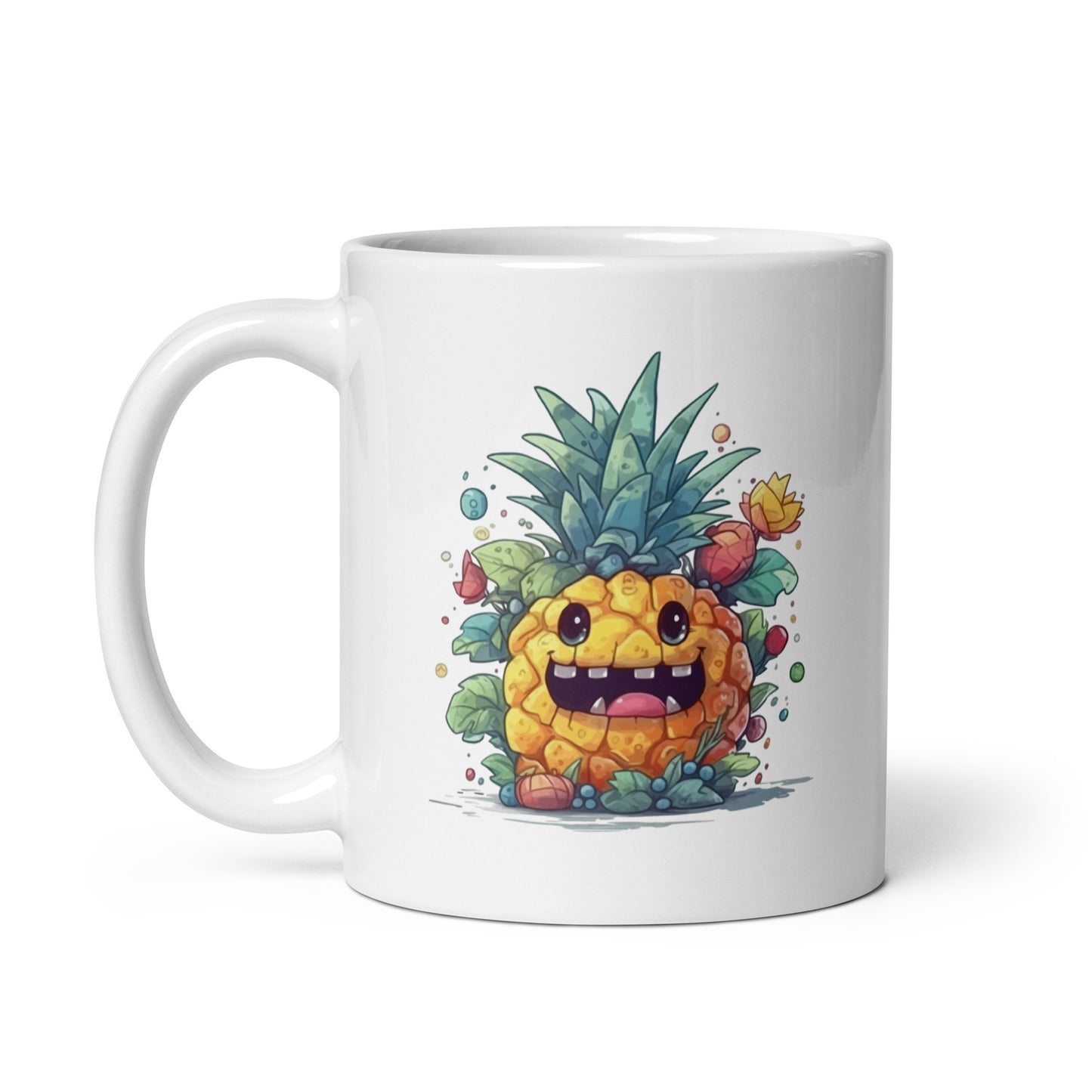 Fruits fantastic illustration, Pineapple monster smile, Fantasy funny monster, Cartoon fairy horror, Mutant portrait - White glossy mug