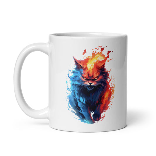 Cat on fire, Angry wild cat with red eyes, Fluffy predator in red and blue flames, Soft hot paws and whiskers and claws - White glossy mug