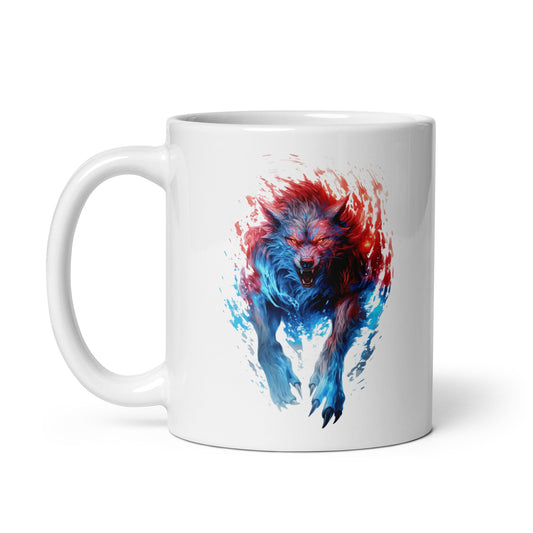 Fantastic wolf on fire, Fabulous and fantasy animals, Werewolf in blue and red flames, Mutant predator and claws of the beast - White glossy mug