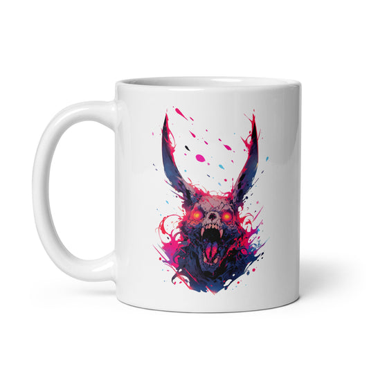 Bright splashes of paint, Apocalypse hare, Rabbit zombie, Red evil bunny eyes, Hellish skull, Crazy Pop Art illustration - White glossy mug