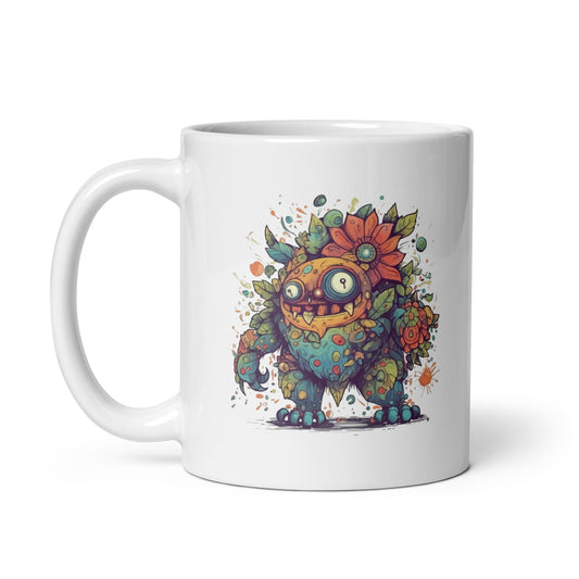 Fantasy funny monster illustration, Flowers and monster, Cartoon horror, Fantastic smile predator in flowers - White glossy mug