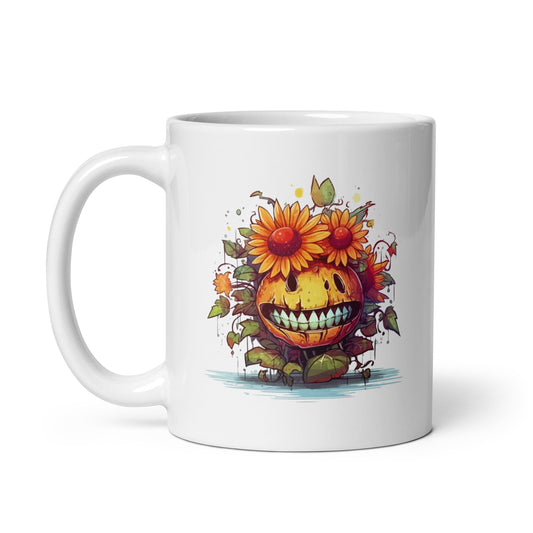 Fantastic smile monster in flowers, Fantasy funny monster illustration, Cartoon horror - White glossy mug