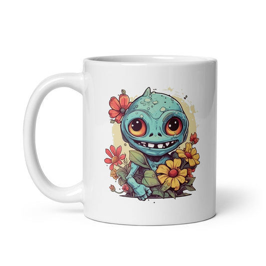 Alien fantasy monster, Fantastic smiling monster in flowers with big eyes, Funny illustration, Cartoon horror - White glossy mug