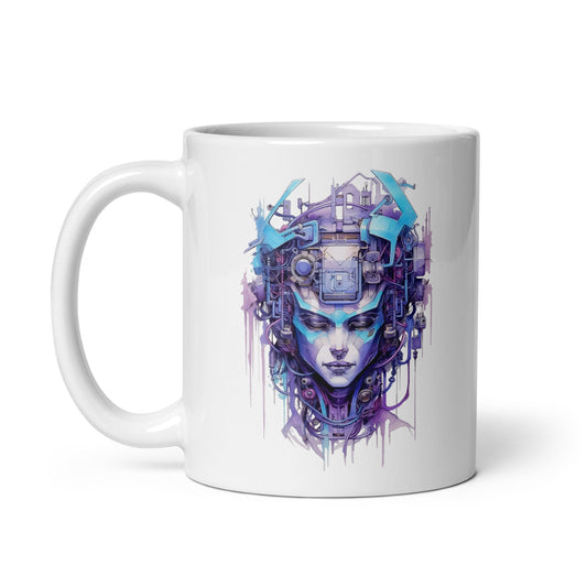 Detailed sci-fi futuristic portrait, Fantastic face girl, Robot in blue colors, Cyberpunk manga style, Electronic fantasy constructions - White glossy mug