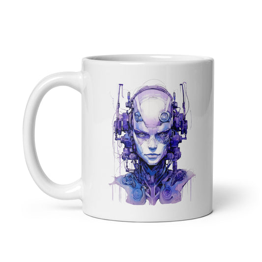 Cyber man in purple colors, Detailed sci-fi futuristic portrait, Fantastic face Robot, Cyberpunk style, Electronic fantasy constructions - White glossy mug