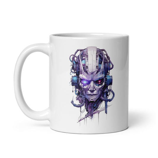 Cyber man, Red and blue eyes cyborg, Detailed sci-fi futuristic portrait, Fantastic face robot, Electronic fantasy constructions, Cyberpunk style - White glossy mug
