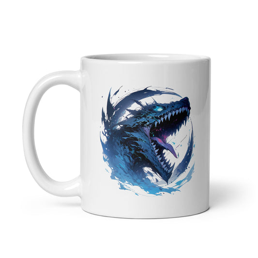 Blue savage dragon, Angry toothy monster, Fantastic roar predator, Fantasy animal illustration - White glossy mug