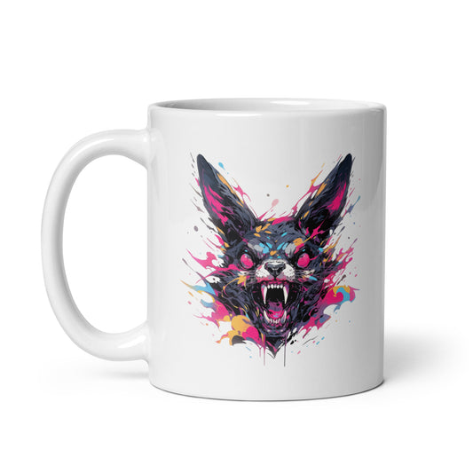 Crazy Pop Art illustration, Bright splashes of paint, Apocalypse fox zombie, Red evil eyes, Roar black fox - White glossy mug