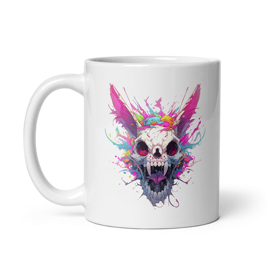 Apocalypse hare, Hellish toothy skull, Bright splashes of paint, Rabbit zombie, Red evil bunny ears, Crazy Pop Art illustration - White glossy mug