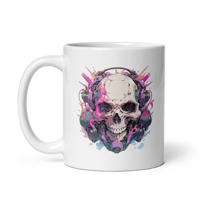 Cyberpunk illustration, Skull in gas mask, Fantastic head bones, Horror fantasy mind, Cyber hellish technology - White glossy mug