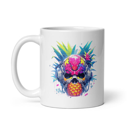 Cyber skull, Fantastic cyborg pineapple head, Pineapple monster Pop Art, Fantasy fruit illustration - White glossy mug