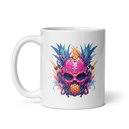 Fantastic fruit cyborg head, Cyber skull, Pineapple in headphones, Pop Art fantasy pink mutant - White glossy mug