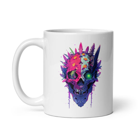 Fantastic head, Cactus skull smiling, Mutant with green eye, Pop Art fantasy monster - White glossy mug