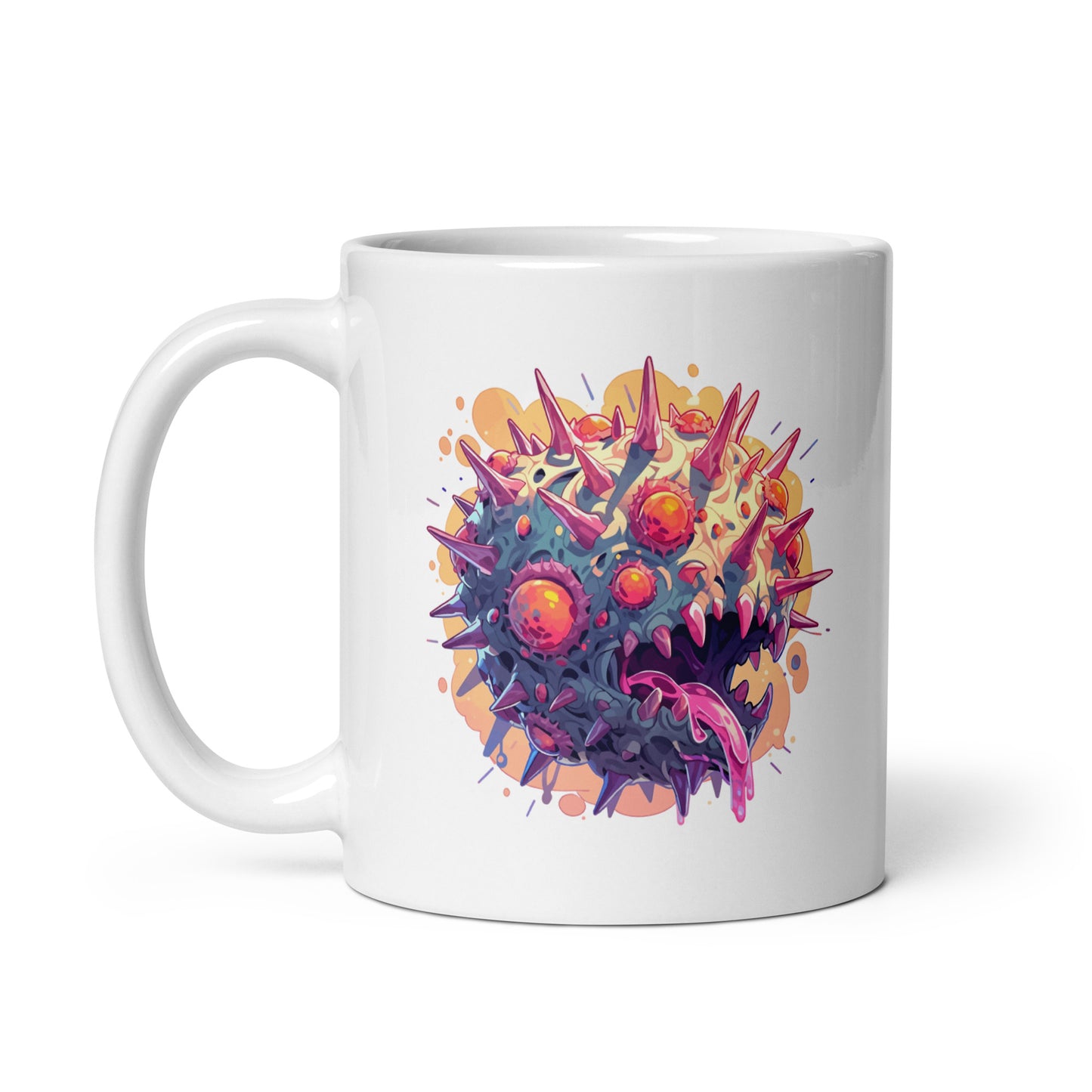 Orange evil eyes, Crazy illustration, Zombie virus with sharp horns and fangs - White glossy mug