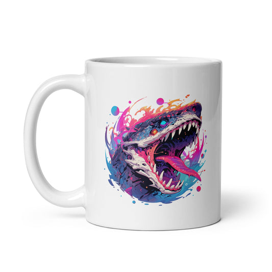 Angry toothy monster, Wild dragon in splashes of paint, Fantastic roar predator, Fantasy mutant animal illustration - White glossy mug