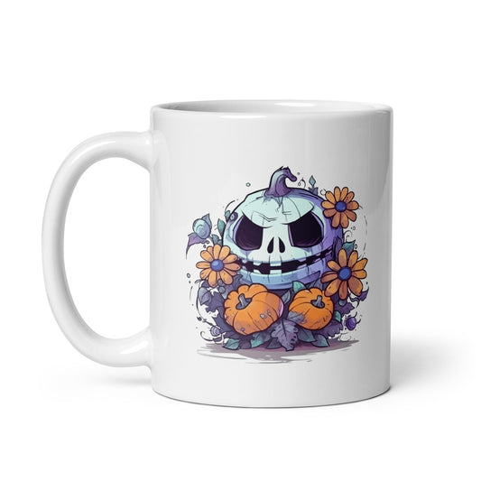Halloween pumpkin and flowers, Cartoon monster, Fantasy mystical holiday, Magic horror party - White glossy mug