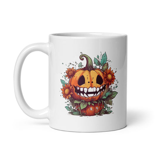 Cartoon smiling pumpkin, Halloween monster and flowers, Fantasy mystical holiday, Magic horror party - White glossy mug