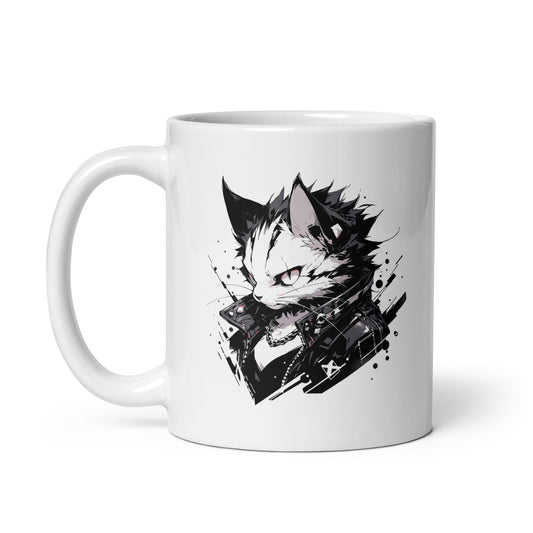 Angry punk kitten in black leather jacket, Cat rock and roll, Cat rocker fashion, Born to be wild - White glossy mug