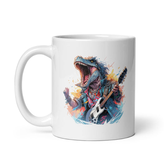 Dinosaur with guitar, Dino and sharp teeth of hard rock, Dragon rock and roll, Most music reptile in urban jungle - White glossy mug