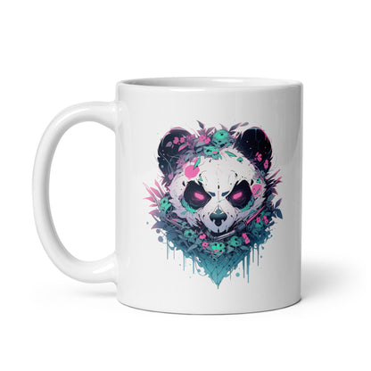 Bamboo bear and jungle, Angry panda in leaves, Black and white bear, Pink eyes animal wild - White glossy mug