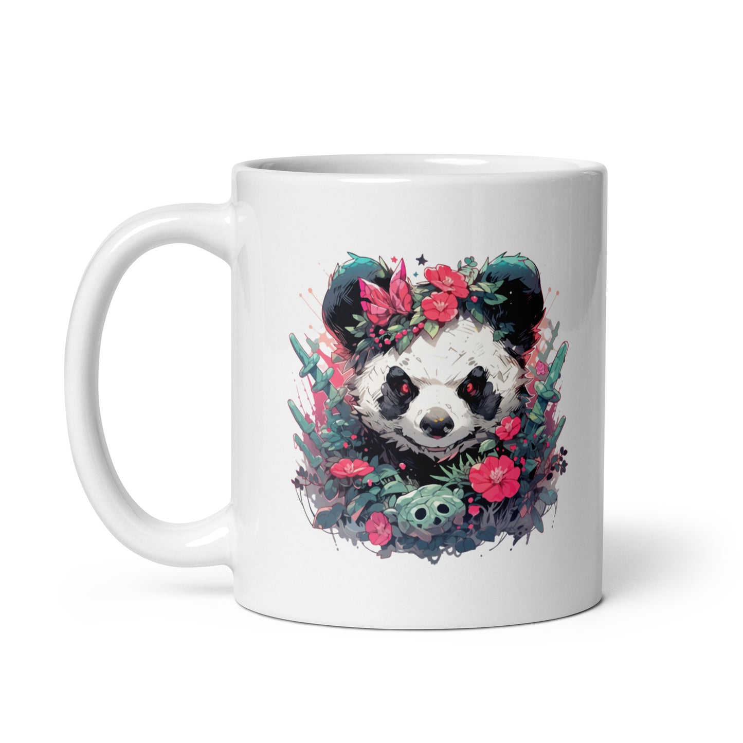 Angry panda in flowers, Bamboo bear and cactus, Black and white bear, Red eyes animal wild - White glossy mug