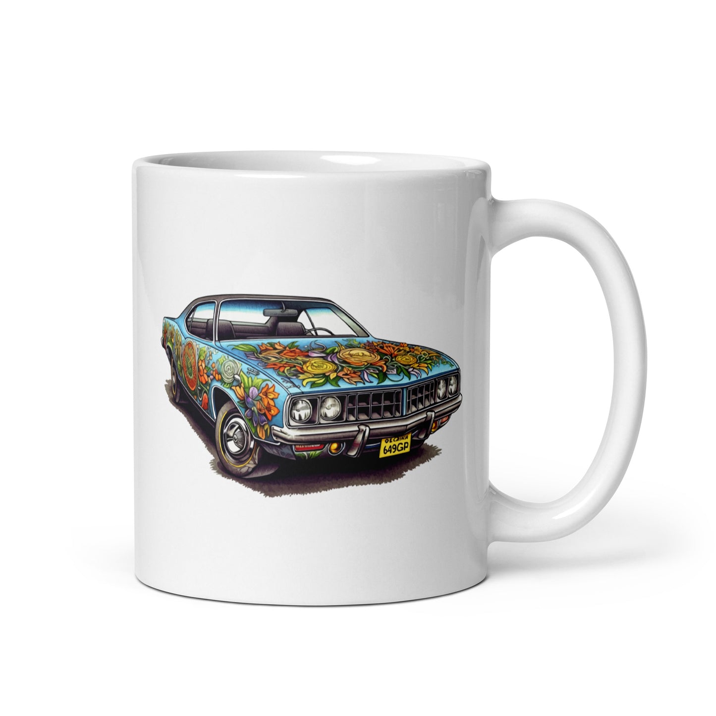Folk style, Muscle car illustration, Classic car on cup, Flowers on car, Gift for country lovers - White glossy mug