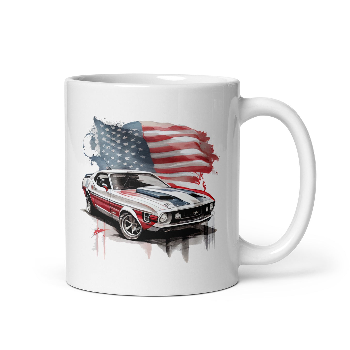 American classic car, Patriotic designs, USA flag, watercolor illustration - White glossy mug