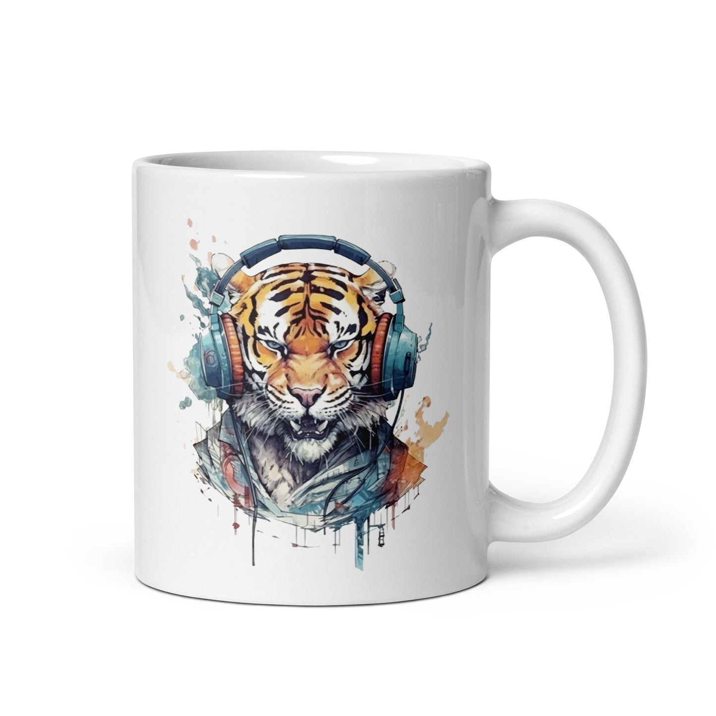 Tiger in headphones art, Portrait animal, Fantastic tiger illustration - White glossy mug