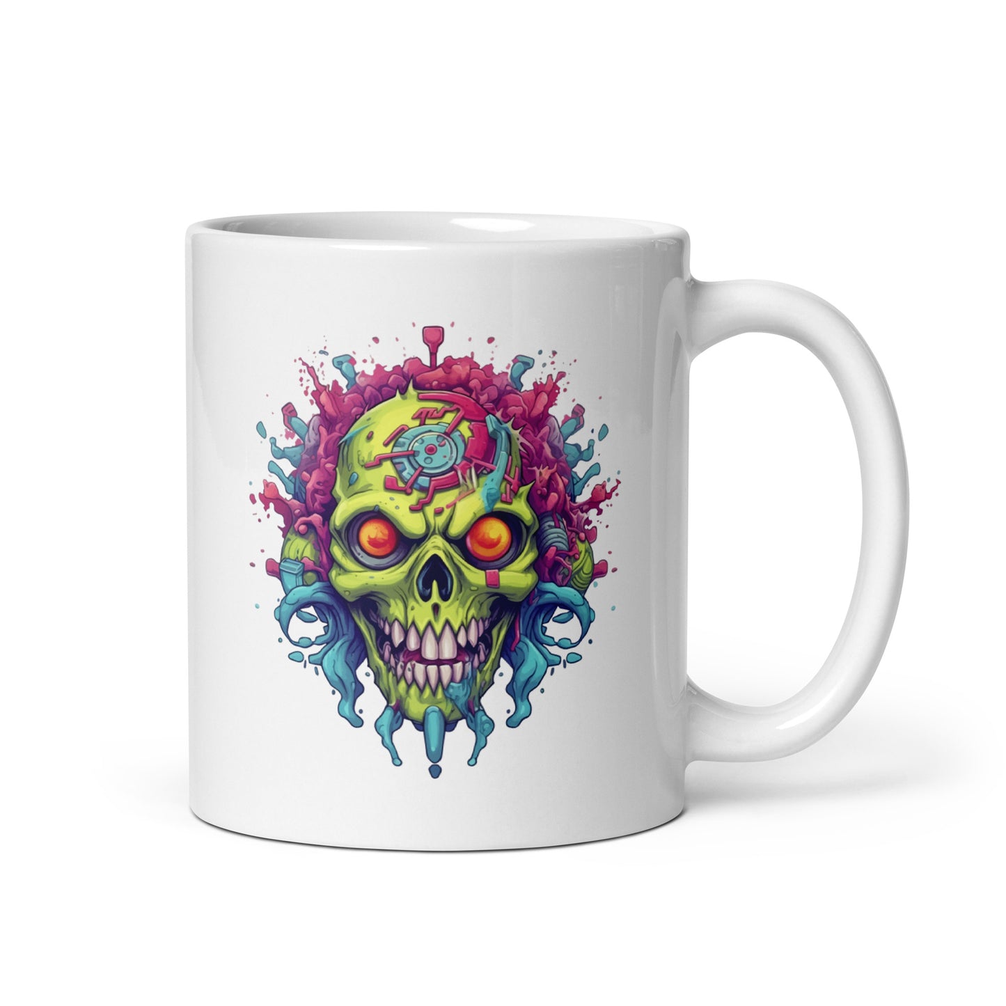 2d game art, Hellish skull, Electronic zombie, Colorful splashes, Cyberpunk futurism, Graffiti style illustration, Neon electric colors - White glossy mug
