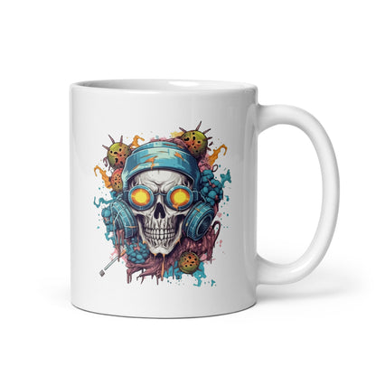 Apocalyptic visions, Skull in glasses, Zombie virus mind, Fantasy electronic, Cyberpunk futurism, Graffiti style illustration - White glossy mug