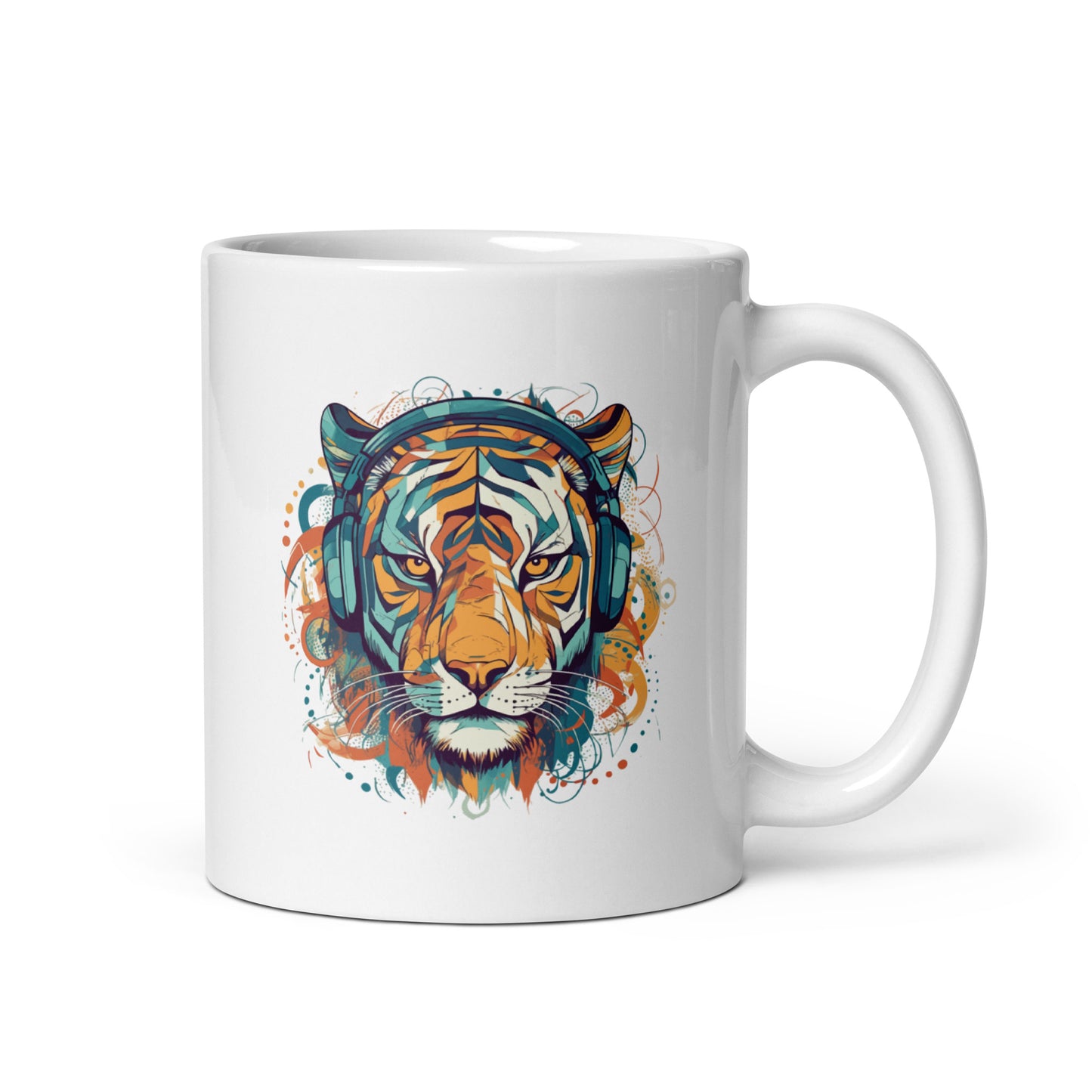 Fantastic portrait of tiger, Tiger colorful illustration in headphones, Music and animals - White glossy mug