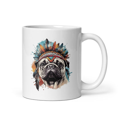 Pug in warbonnet, Doggy illustration, Pug Indians style, Animals warrior, Fantasy portrait of dog, Fantastic animals - White glossy mug
