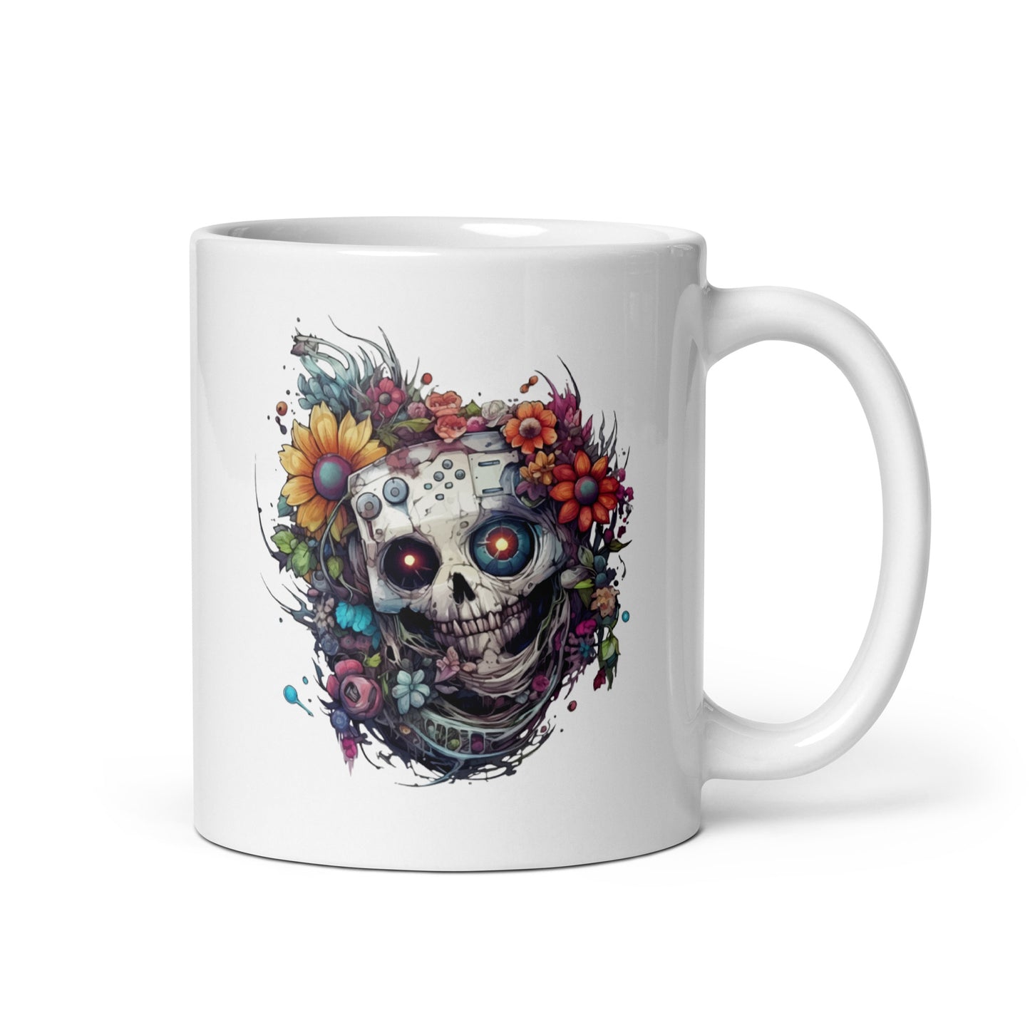 Monster skull and flowers, Hi-tech and cyberpunk design, Mutant skull fantastic illustration - White glossy mug