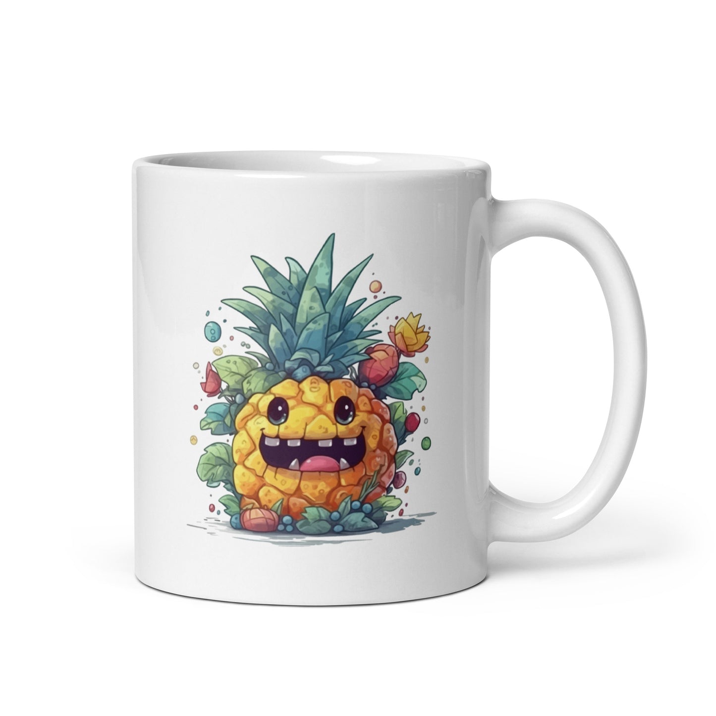 Fruits fantastic illustration, Pineapple monster smile, Fantasy funny monster, Cartoon fairy horror, Mutant portrait - White glossy mug