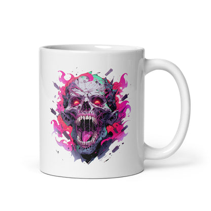 Horror funny fantasy, Roar zombie, Crazy zombie illustration, Skull with red eye, Fantastic head bones - White glossy mug