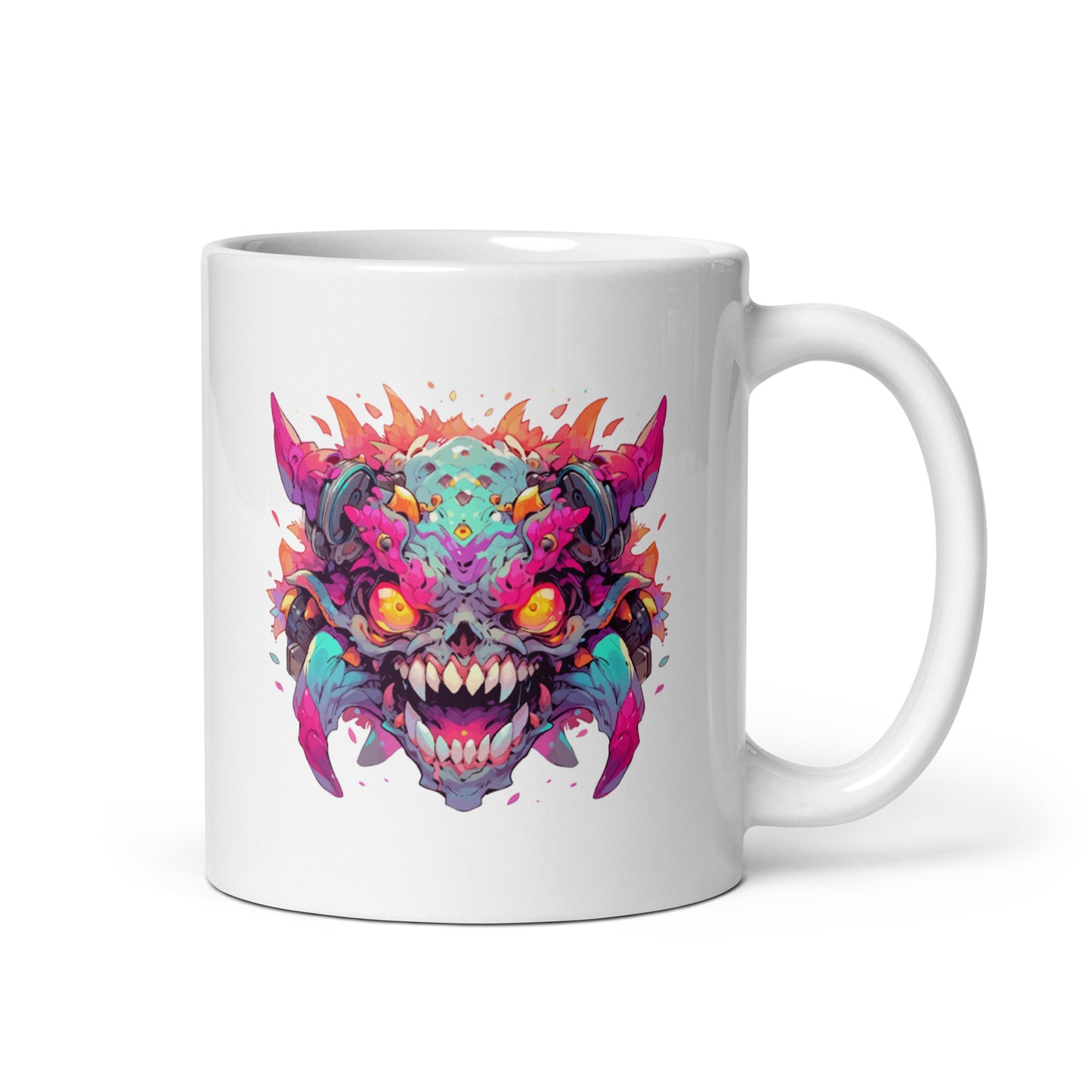 Horned and toothy monster, Crazy colorful illustration, Fantastic yellow evil eyes, Wild mutant - White glossy mug