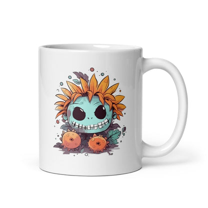 Cartoon monster and flowers, Halloween mystical doll, Funny magic horror - White glossy mug